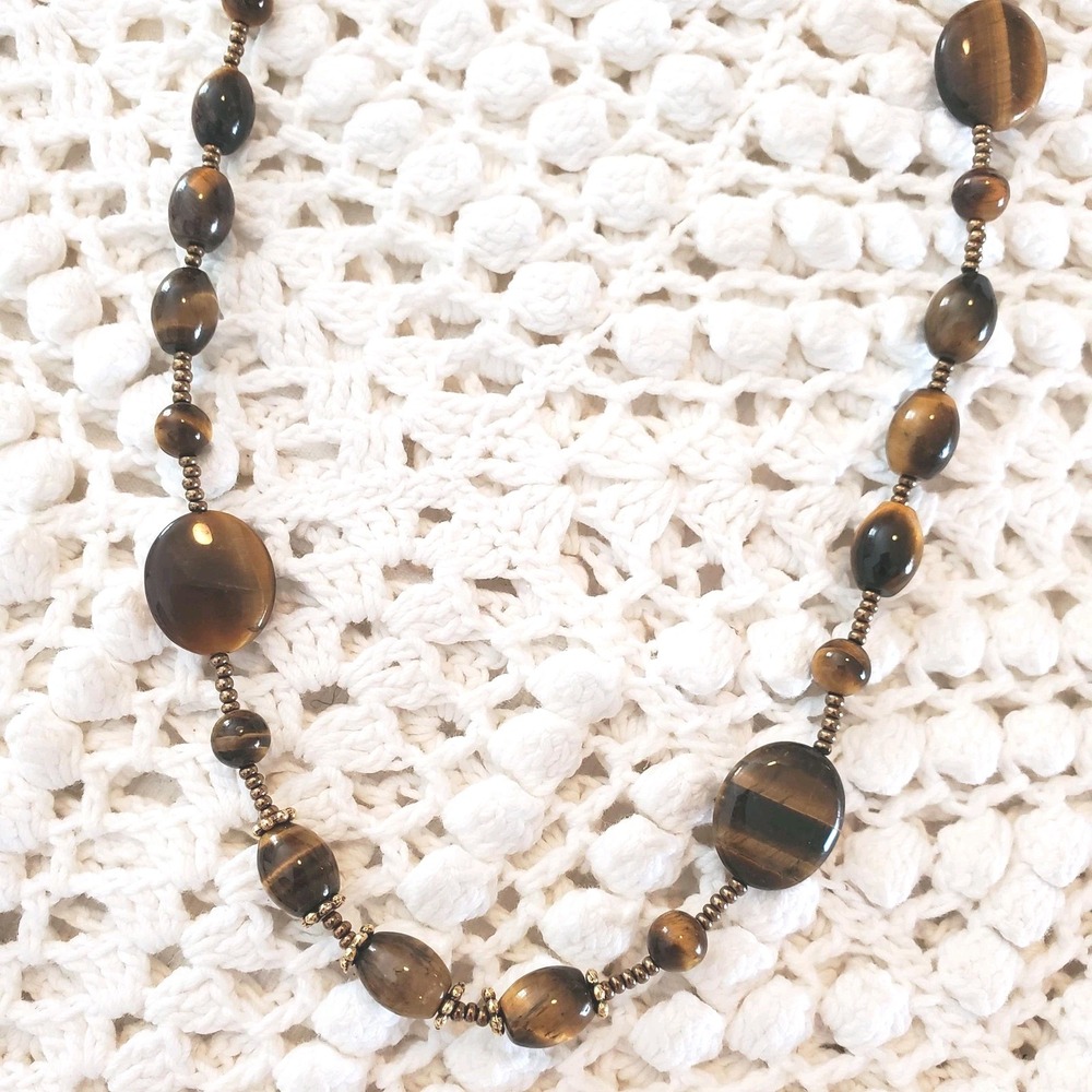 Tiger's Eye‎ Beaded Necklace Womens Long Brown Gemstone Gold Tone Barrel Clasp